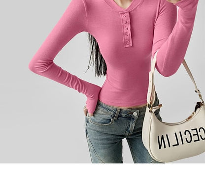 Cropped Henley T-Shirt with Long Sleeves and Slim Fit in Solid Color