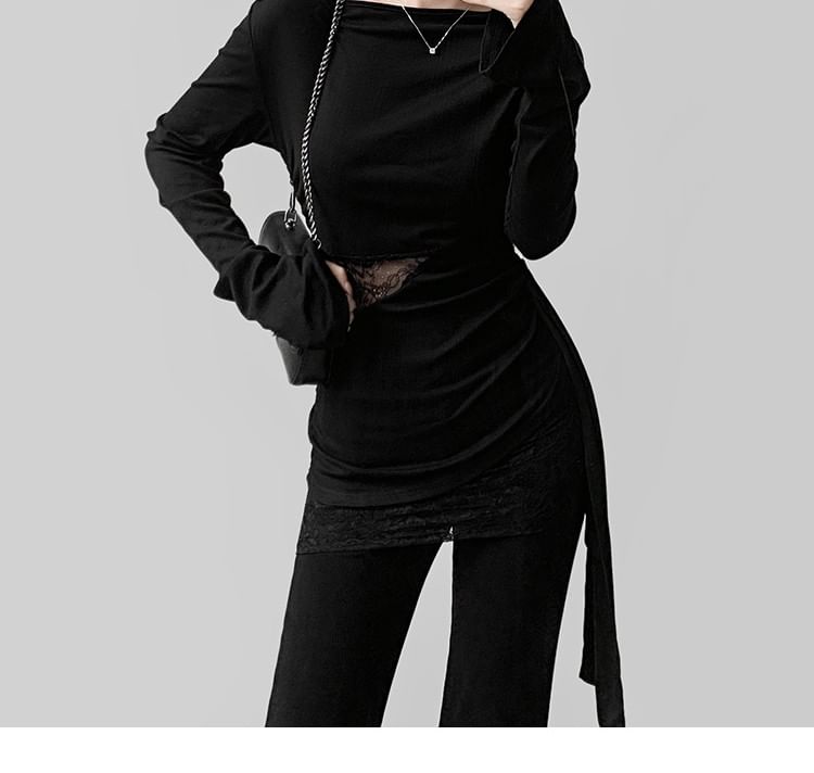 Slim-Fit Off-Shoulder Tee with Lace Panels and Asymmetric Long Sleeves