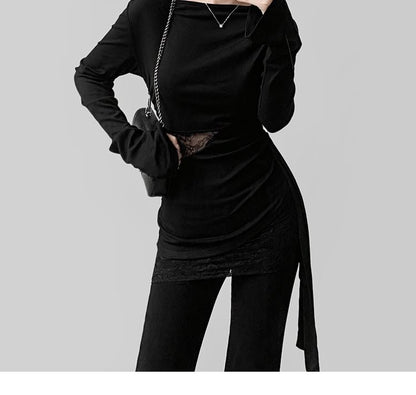 Slim-Fit Off-Shoulder Tee with Lace Panels and Asymmetric Long Sleeves