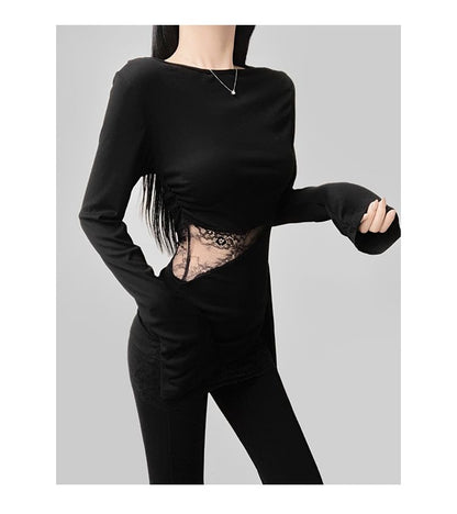 Slim-Fit Off-Shoulder Tee with Lace Panels and Asymmetric Long Sleeves