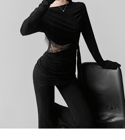 Slim-Fit Off-Shoulder Tee with Lace Panels and Asymmetric Long Sleeves