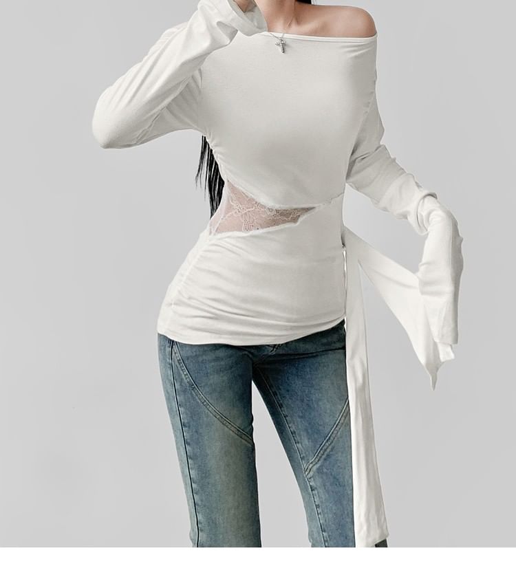Slim-Fit Off-Shoulder Tee with Lace Panels and Asymmetric Long Sleeves