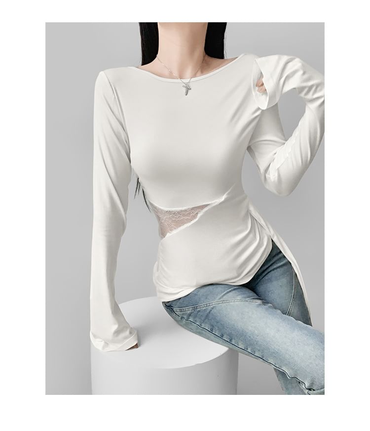 Slim-Fit Off-Shoulder Tee with Lace Panels and Asymmetric Long Sleeves