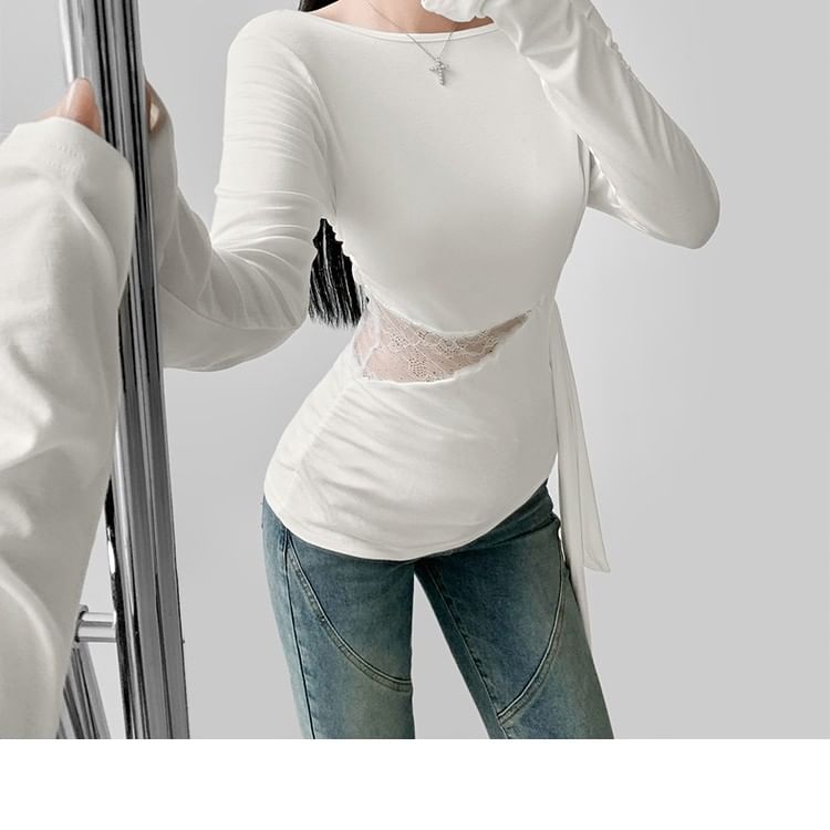 Slim-Fit Off-Shoulder Tee with Lace Panels and Asymmetric Long Sleeves