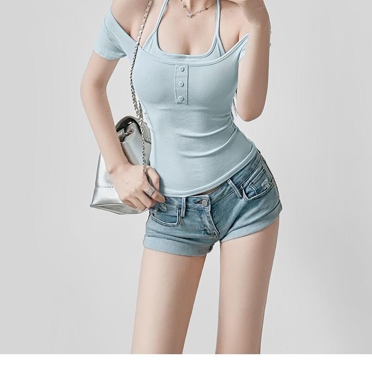 Padded Halter Crop Top with Short Sleeves and Faux Two-Piece Design
