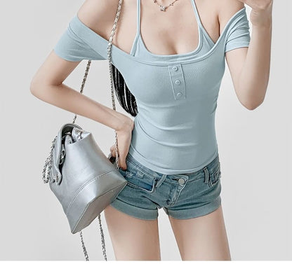 Padded Halter Crop Top with Short Sleeves and Faux Two-Piece Design