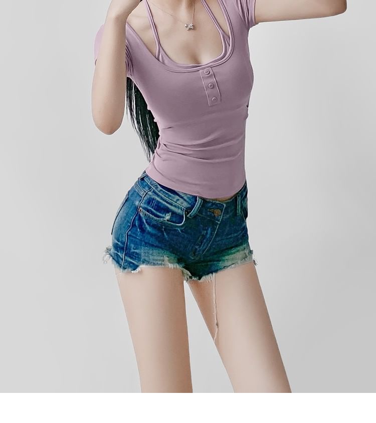 Padded Halter Crop Top with Short Sleeves and Faux Two-Piece Design