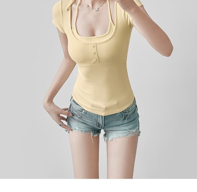 Padded Halter Crop Top with Short Sleeves and Faux Two-Piece Design