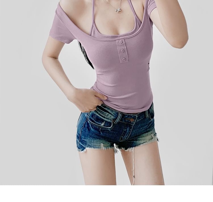 Padded Halter Crop Top with Short Sleeves and Faux Two-Piece Design