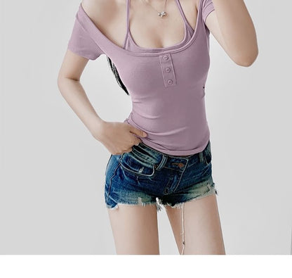 Padded Halter Crop Top with Short Sleeves and Faux Two-Piece Design