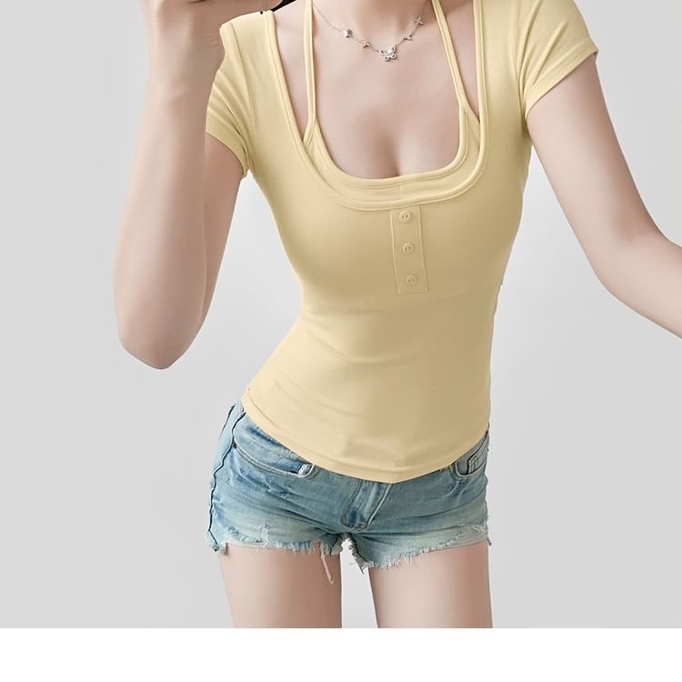 Padded Halter Crop Top with Short Sleeves and Faux Two-Piece Design