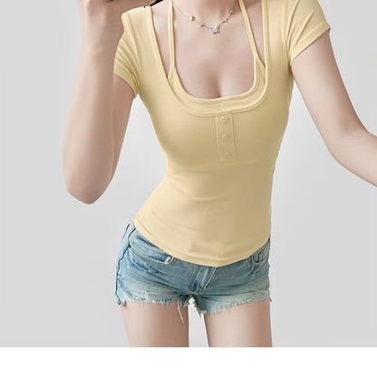 Padded Halter Crop Top with Short Sleeves and Faux Two-Piece Design