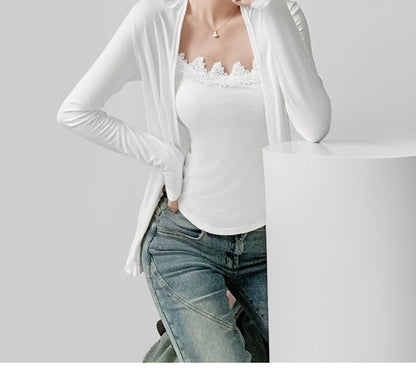 Slim-Fit Lace-Trimmed Scoop-Neck Cami and Open-Front Cardigan Set