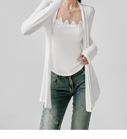 Slim-Fit Lace-Trimmed Scoop-Neck Cami and Open-Front Cardigan Set
