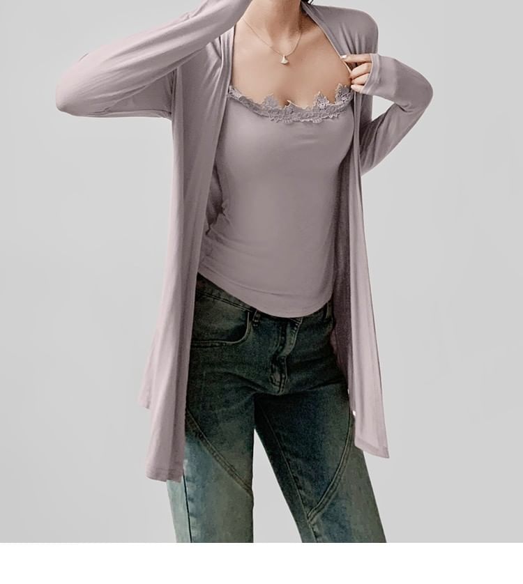 Slim-Fit Lace-Trimmed Scoop-Neck Cami and Open-Front Cardigan Set
