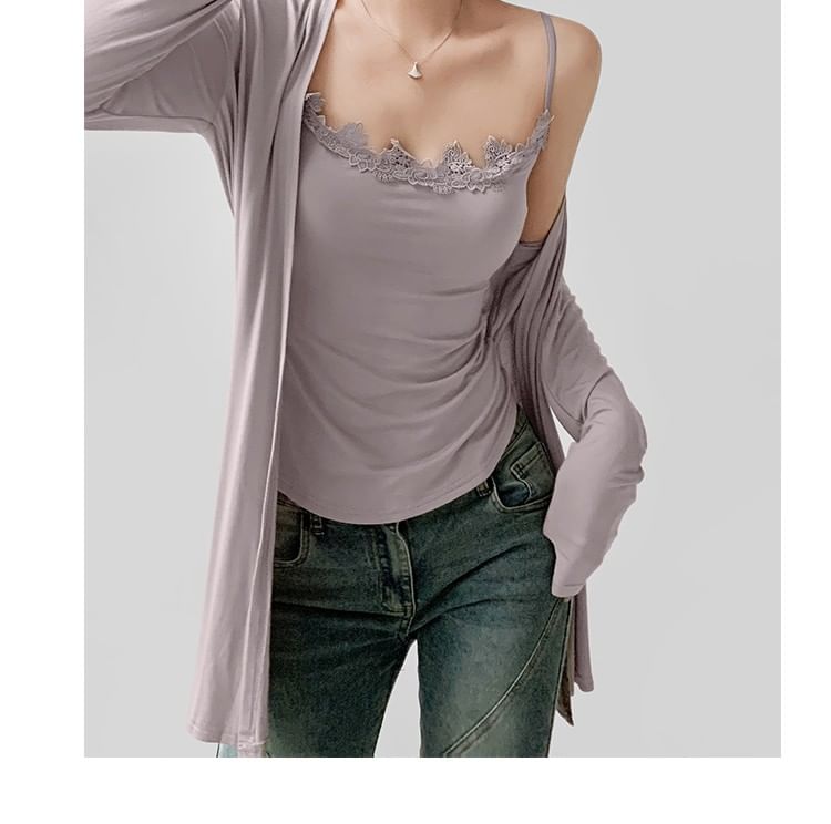 Slim-Fit Lace-Trimmed Scoop-Neck Cami and Open-Front Cardigan Set