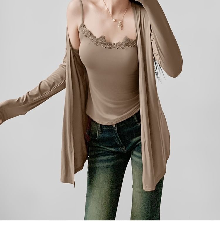 Slim-Fit Lace-Trimmed Scoop-Neck Cami and Open-Front Cardigan Set