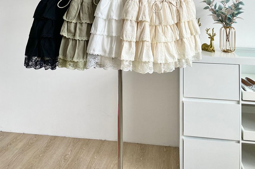 Lace Panel Tiered Mini A-Line Skirt