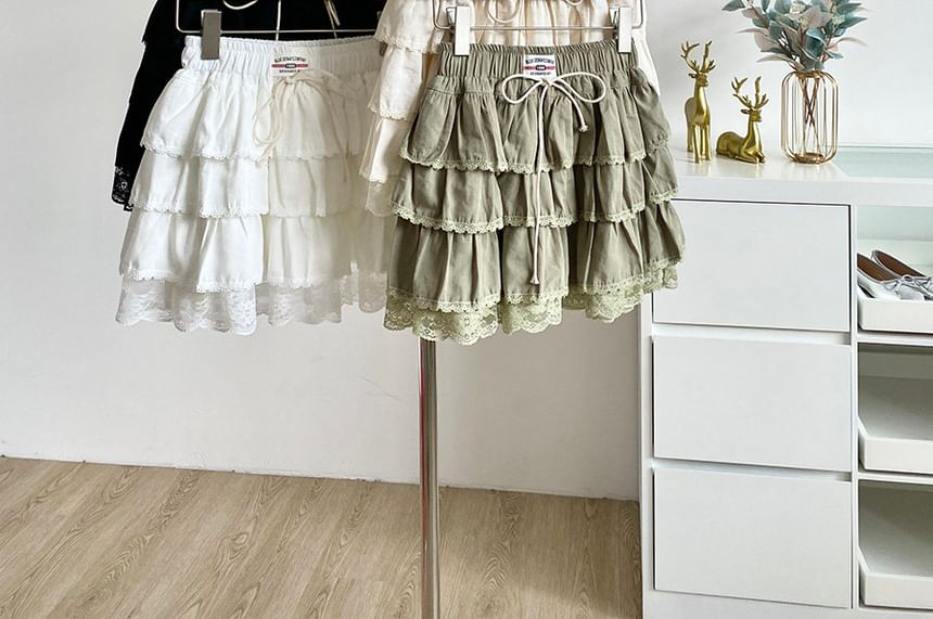 Lace Panel Tiered Mini A-Line Skirt