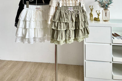 Lace Panel Tiered Mini A-Line Skirt