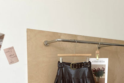 Faux Leather Pleated Mini Skirt Set with Belt