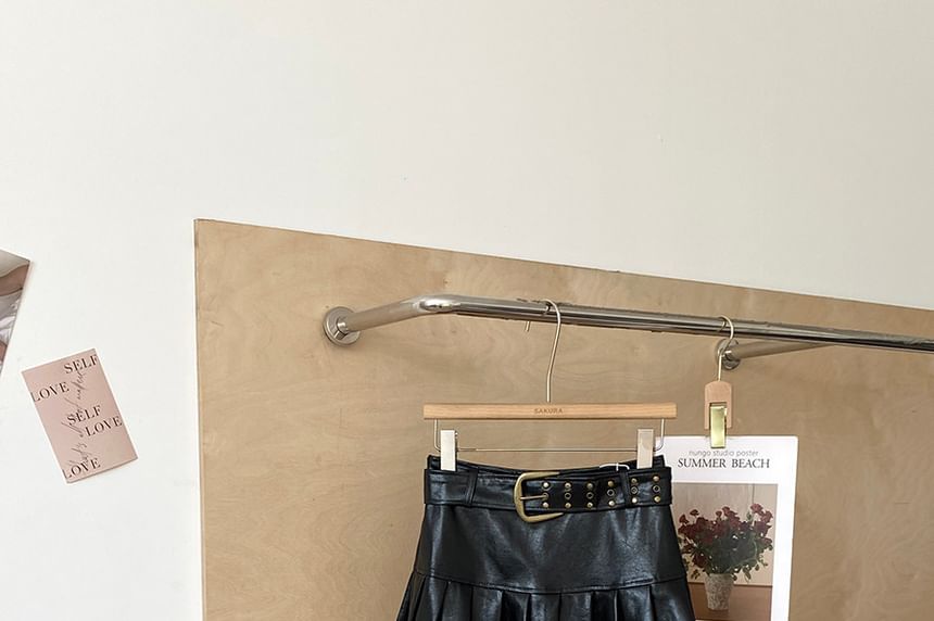 Faux Leather Pleated Mini Skirt Set with Belt