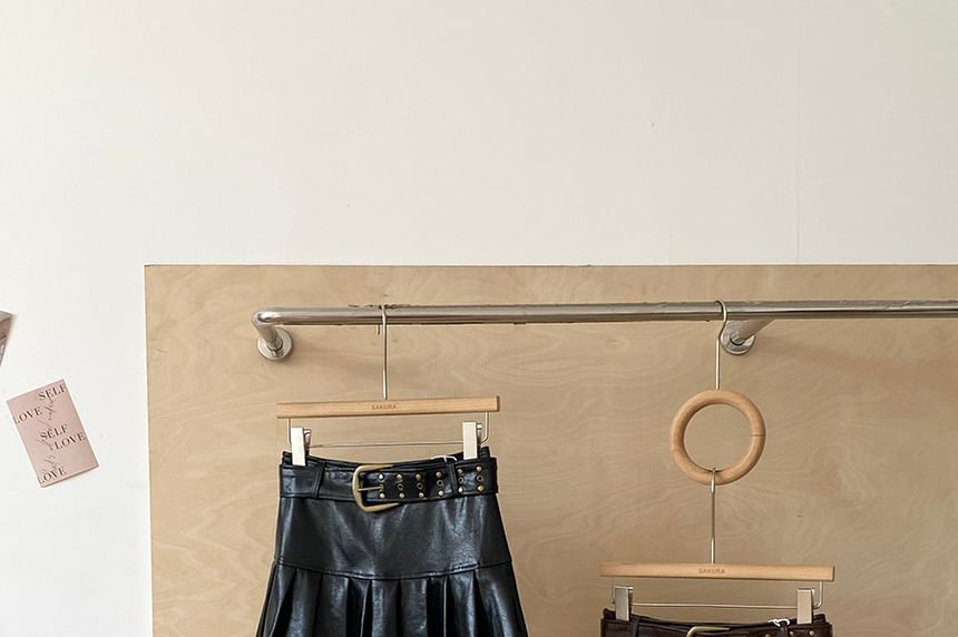 Faux Leather Pleated Mini Skirt Set with Belt