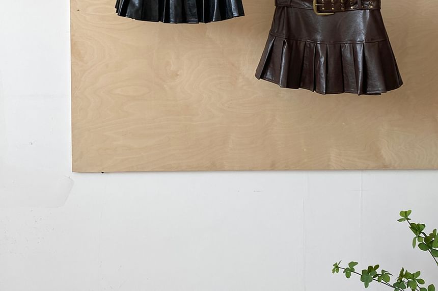 Faux Leather Pleated Mini Skirt Set with Belt