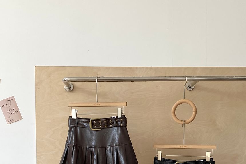 Faux Leather Pleated Mini Skirt Set with Belt
