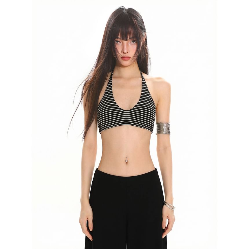 Halter V-Neck Crop Top with Open Back
