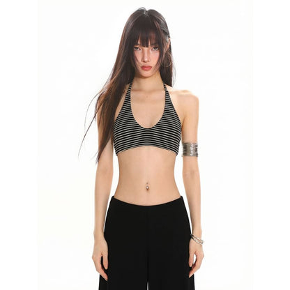 Halter V-Neck Crop Top with Open Back
