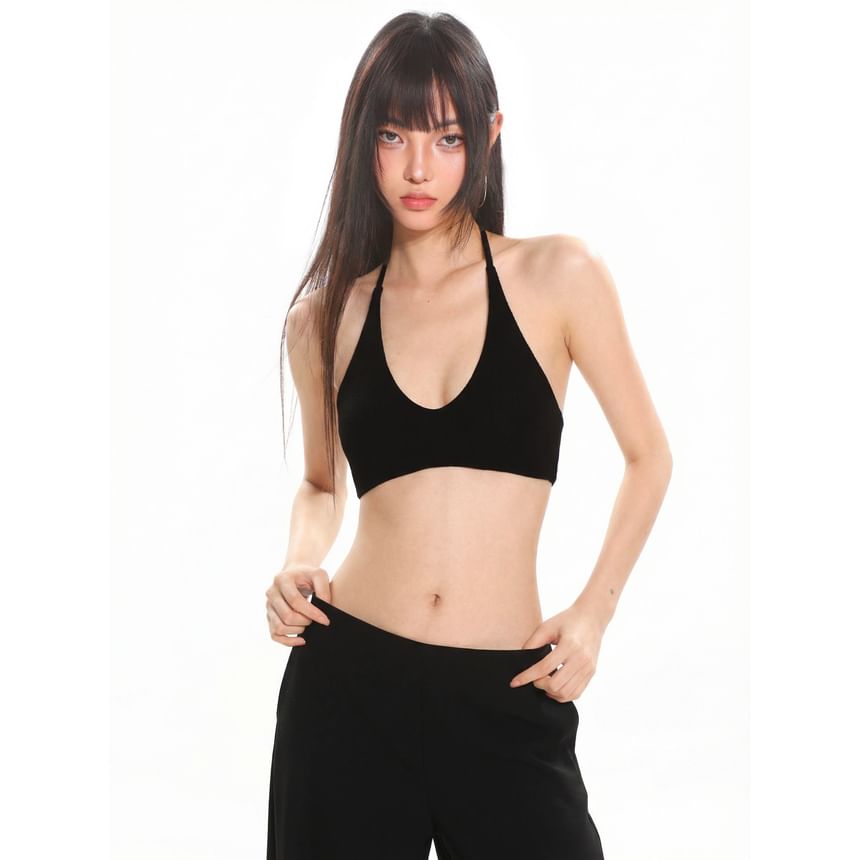 Halter V-Neck Crop Top with Open Back
