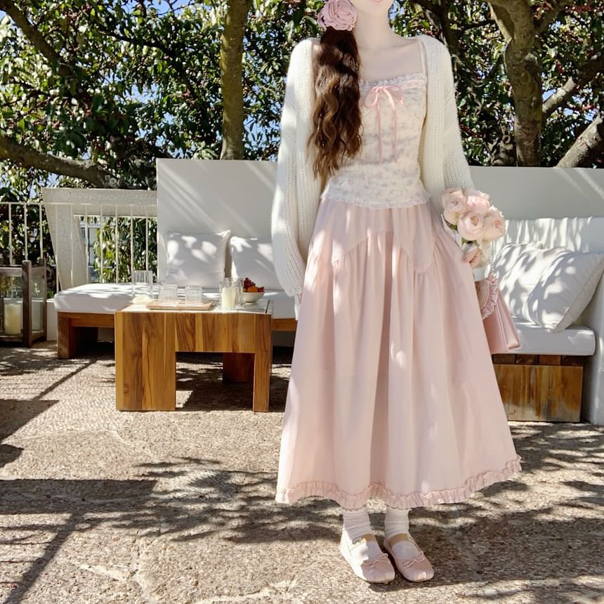 Frill Trim Maxi A-Line Skirt High-Waisted