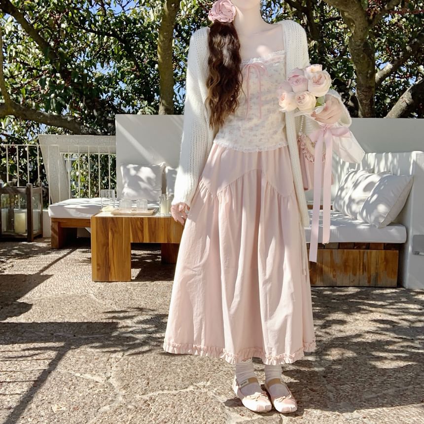 Frill Trim Maxi A-Line Skirt High-Waisted