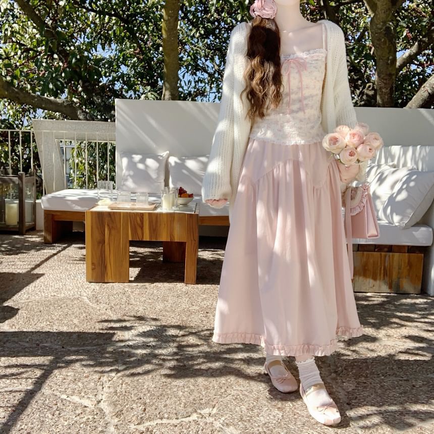 Frill Trim Maxi A-Line Skirt High-Waisted