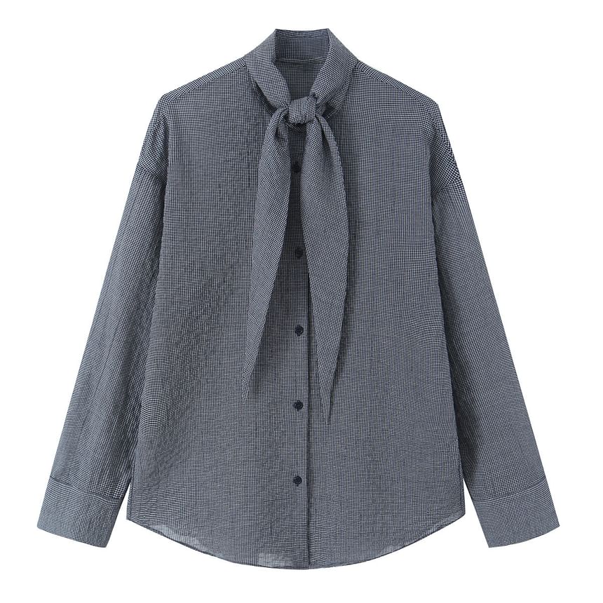 Plaid Button-Down Long-Sleeve Tie Front Shirt