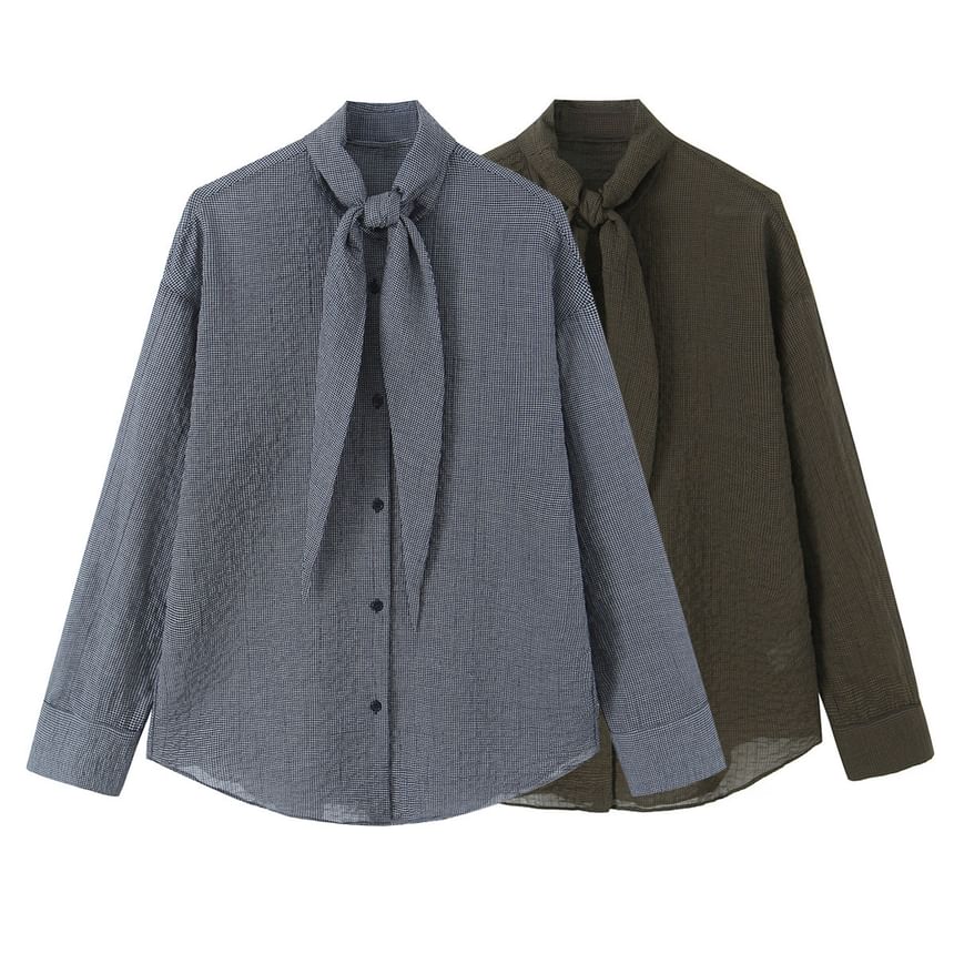 Plaid Button-Down Long-Sleeve Tie Front Shirt