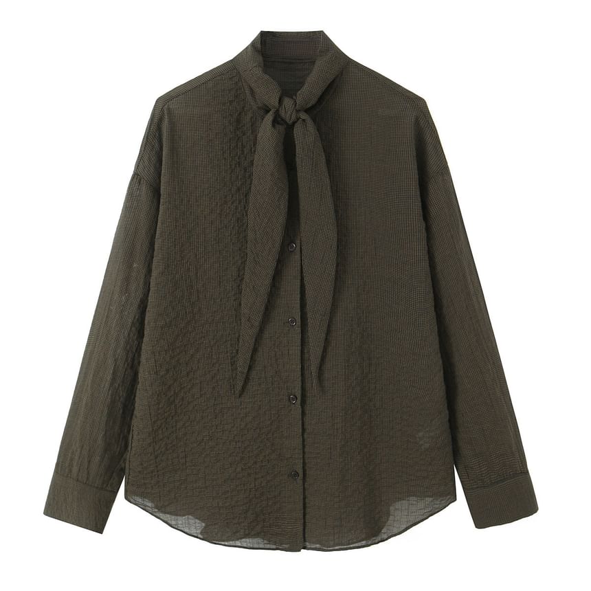 Plaid Button-Down Long-Sleeve Tie Front Shirt
