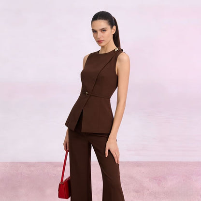 Asymmetrical Plain Sleeveless Top & Wide Leg Pants