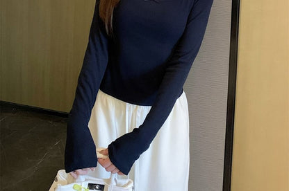Long-Sleeve Scoop Neck Plain Lace Trim Crop T-Shirt