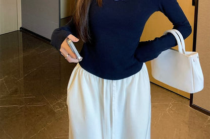 Long-Sleeve Scoop Neck Plain Lace Trim Crop T-Shirt