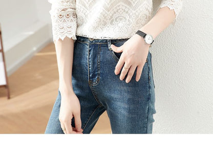 Long-Sleeve Mock Neck Lace Top