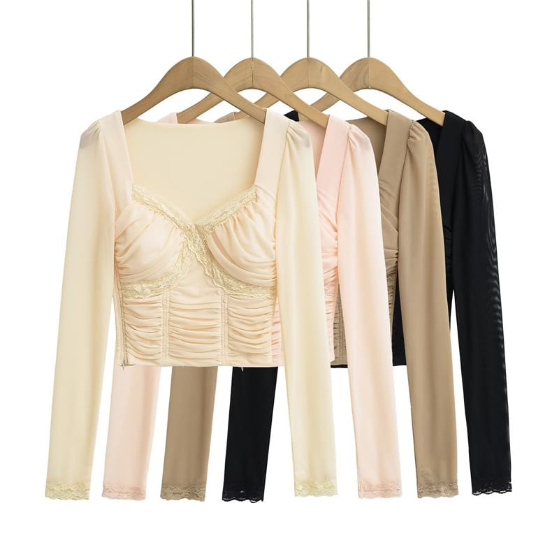 V-Neck Lace Panel Ruched Crop Long-Sleeve Tee