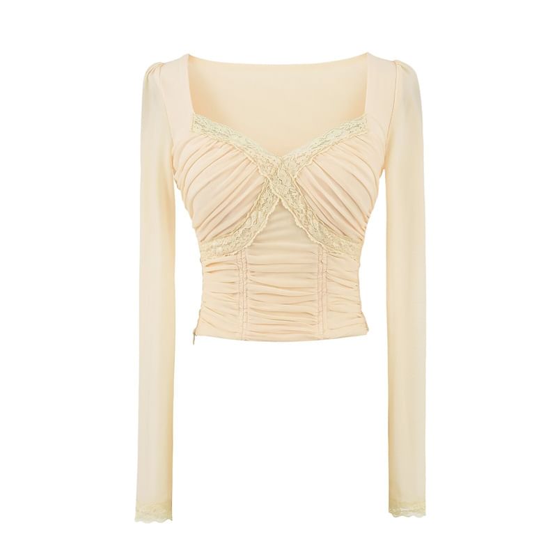 V-Neck Lace Panel Ruched Crop Long-Sleeve Tee