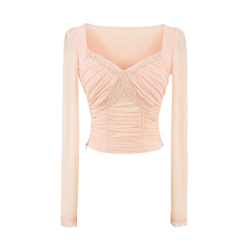 V-Neck Lace Panel Ruched Crop Long-Sleeve Tee