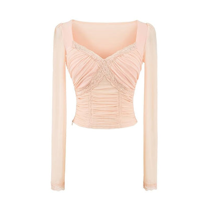 V-Neck Lace Panel Ruched Crop Long-Sleeve Tee