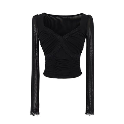 V-Neck Lace Panel Ruched Crop Long-Sleeve Tee