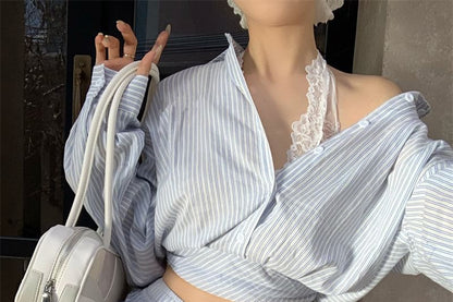 Long Sleeve Collared Striped Crop Shirt / Drawstring Waist Mini A-Line Skirt / Halter Plain Lace Top / Set