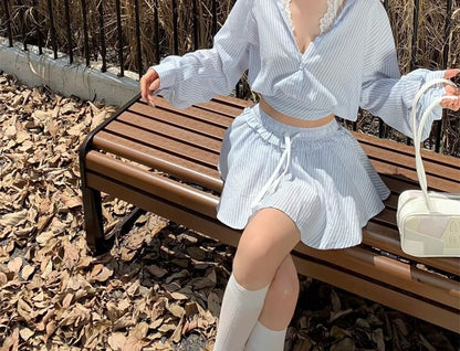 Long Sleeve Collared Striped Crop Shirt / Drawstring Waist Mini A-Line Skirt / Halter Plain Lace Top / Set
