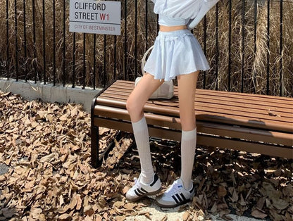 Long Sleeve Collared Striped Crop Shirt / Drawstring Waist Mini A-Line Skirt / Halter Plain Lace Top / Set